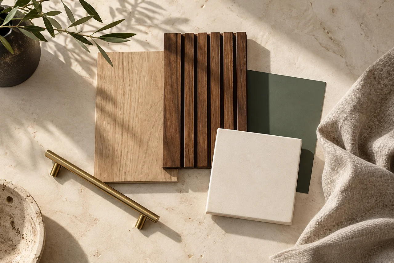 Coordinated wood, tile, paint and brass hardware samples