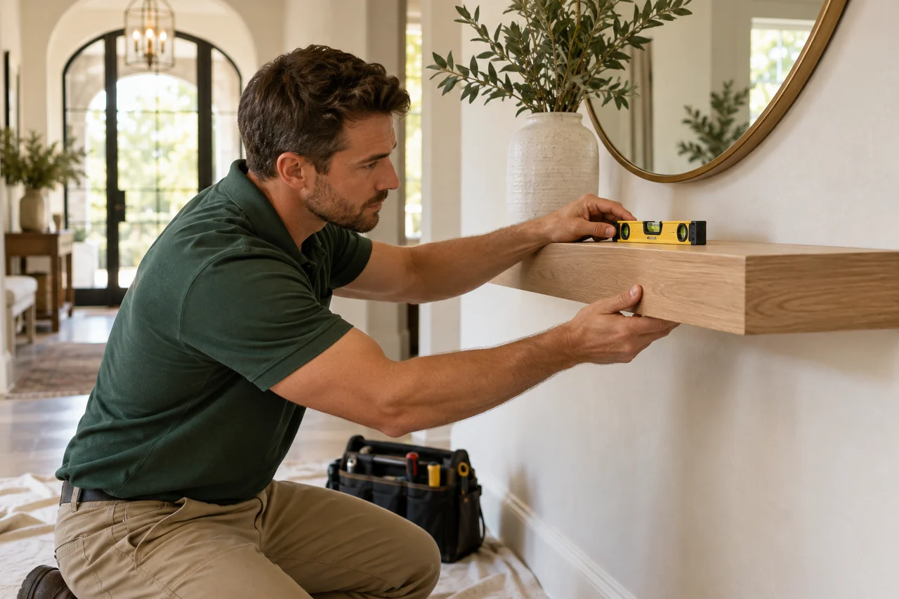 Professional aligning an oak floating shelf