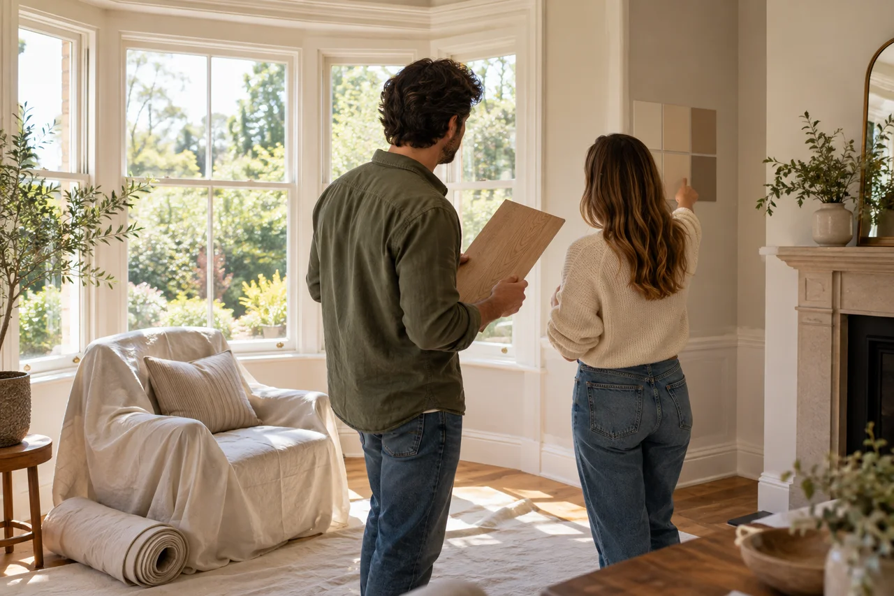 Two people selecting paint and flooring samples for a room refresh