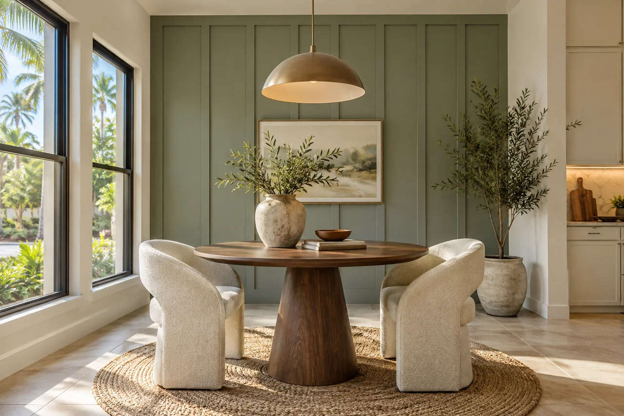 Modern breakfast nook with green decorative wall molding