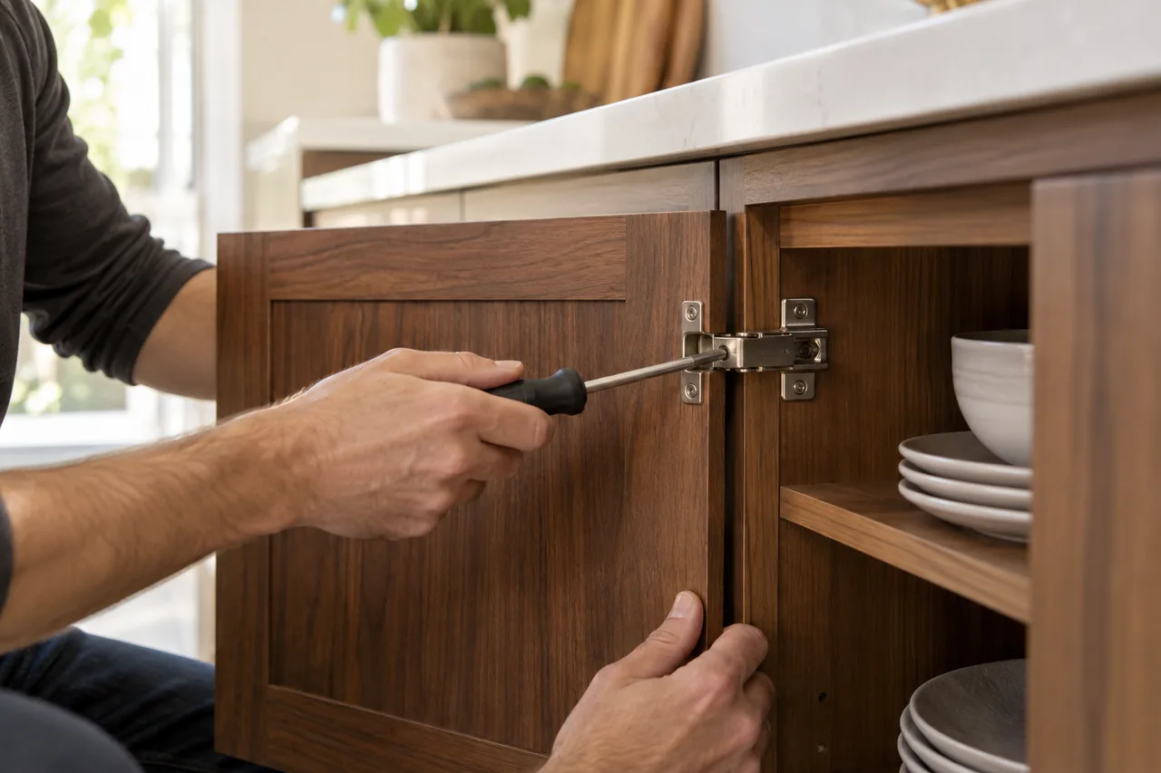 Hands carefully adjusting a cabinet hinge in a modern walnut kitchen