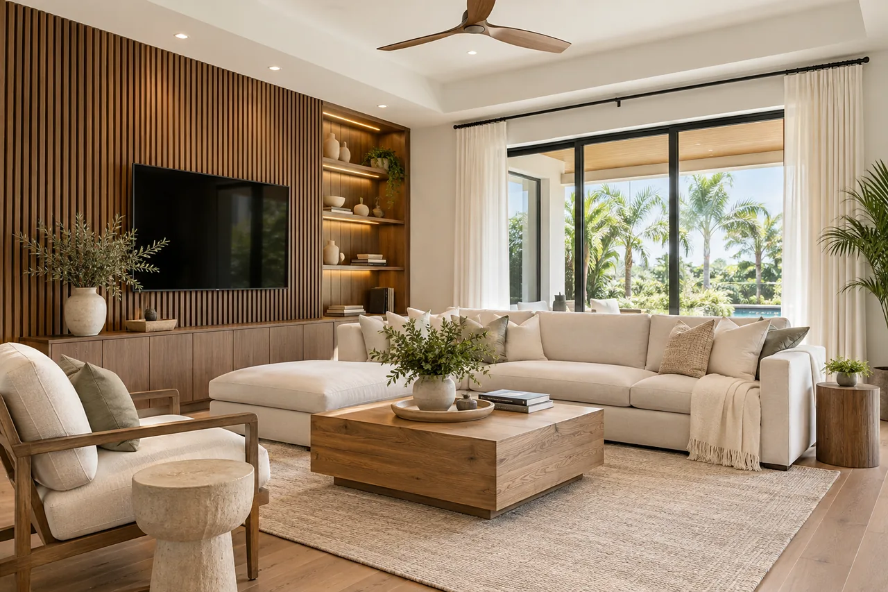 Updated modern living room with a wood slat accent wall and coordinated finishes